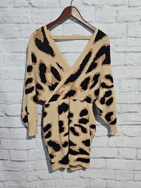 Fashion Nova Beige & Black Leopard Print Wrap Sweater Dress